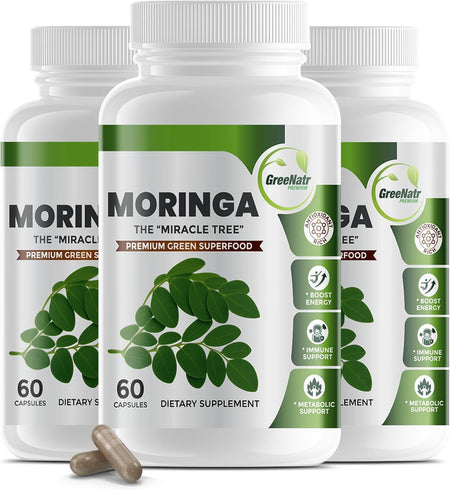 Pure Moringa Oleifera Leaf Extract Capsules, 1000 Mg per Serving. Gluten Free, NON GMO, Vegan Antioxidant Capsules. Natural Energy, Mood, Memory and Focus Enhancer. Premium Green Superfood (Pack of 3)