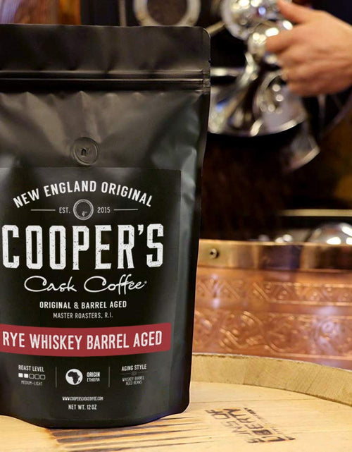 Load image into Gallery viewer, Rye Whiskey Barrel Aged Coffee, Single Origin Ethiopian Coffee Raw Beans Aged in Rye Whiskey Casks, Freshly Roasted 12 Oz Bags, Ground
