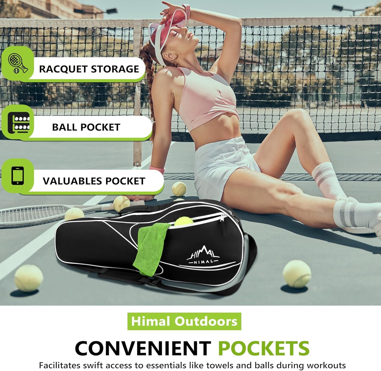 Himal 3 Racquet Tennis-Bag Premium Tennis-Racket-Bag with Protective Pad, Professional or Beginner Tennis Players, Lightweight Tennis Bag for All Ages,Black
